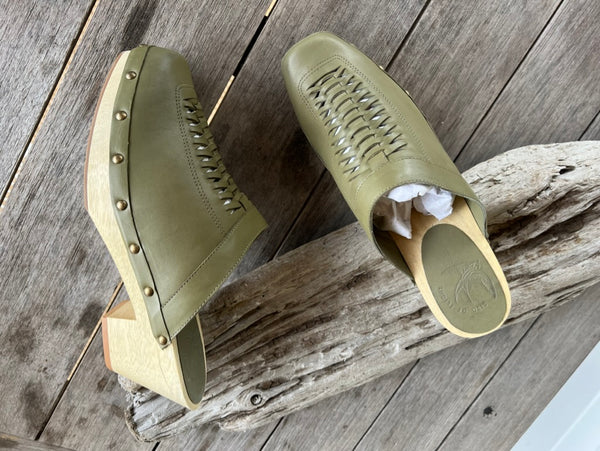 SAMPLE SALE: wood handmade clogs with leather weaving detail.  Olive green Size 11