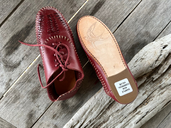 SAMPLE SALE:  handmade leather woven mocc oxfords.  Dark red. size 7