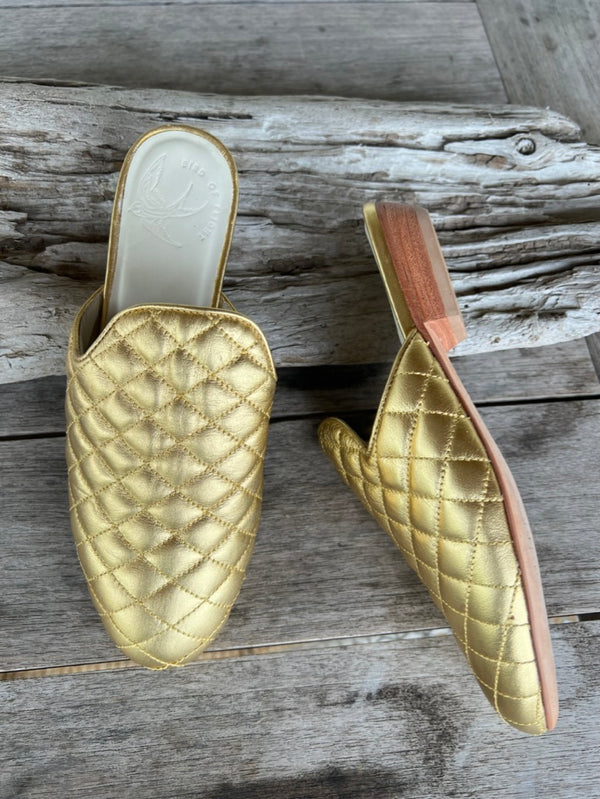 SAMPLE SALE: leather quilted gold leather mules Size 6